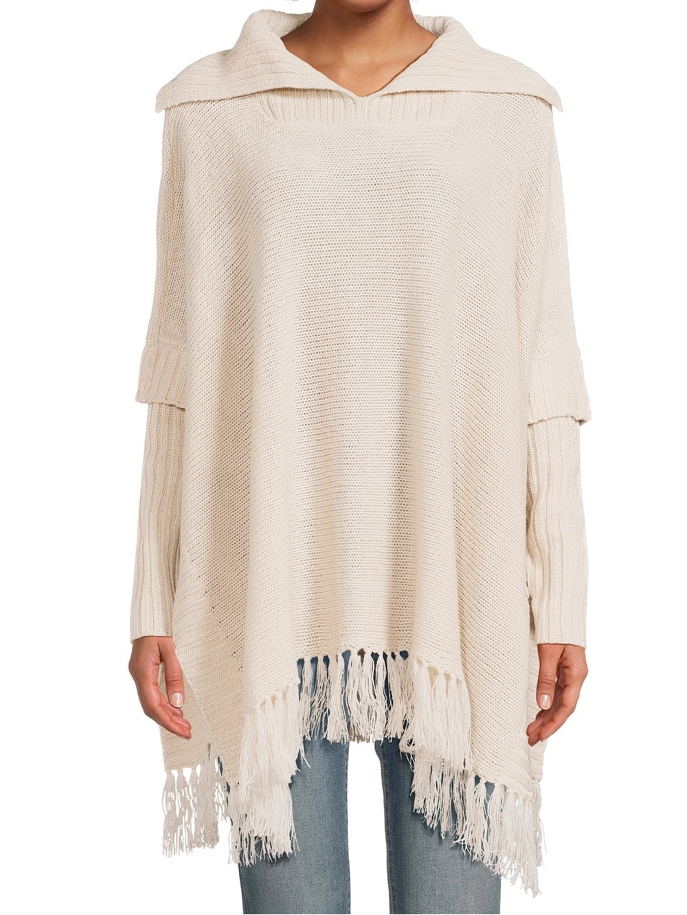 Women’s Cream Fringe Knit Sweater Poncho